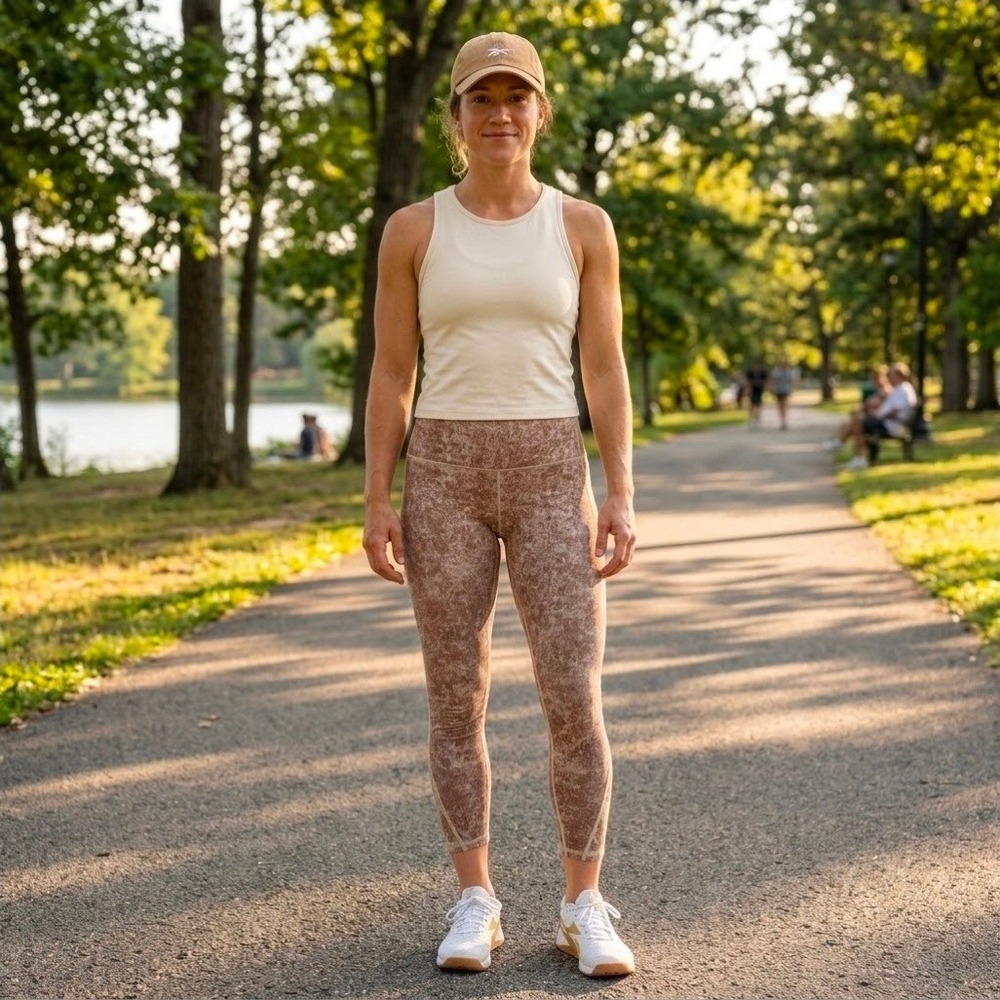 Fleo Apex High Waisted Leggings Tan Acid Wash Stone Print Medium Athleisure New